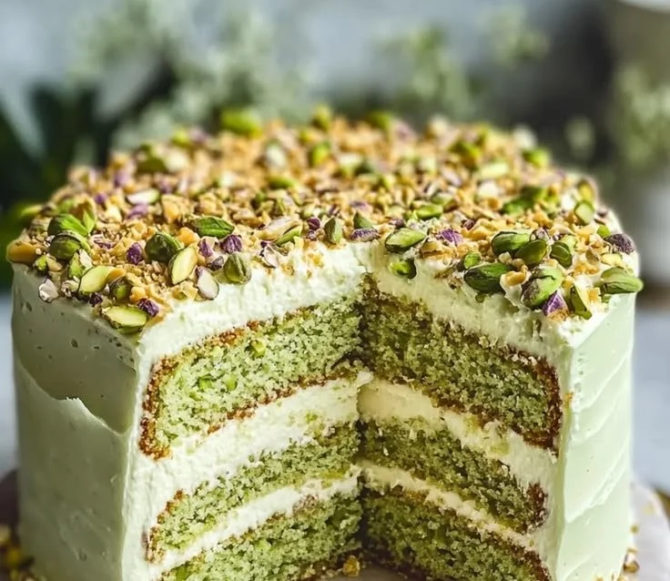 Delicious Pistachio Mascarpone Layer Cake with layers of mascarpone and pistachios