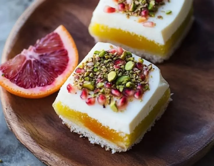 Delicious pistachio delights with orange blossom and pomegranate garnish.