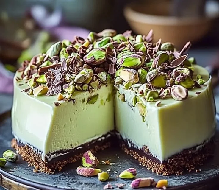 Delicious pistachio white chocolate cheesecake garnished with pistachios.