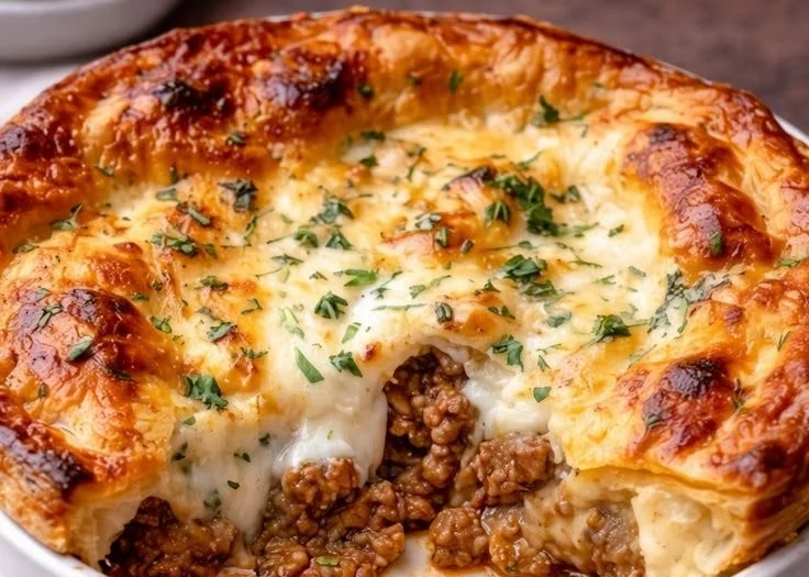 Delicious homemade Pizza Pot Pie with melty cheese and fresh toppings