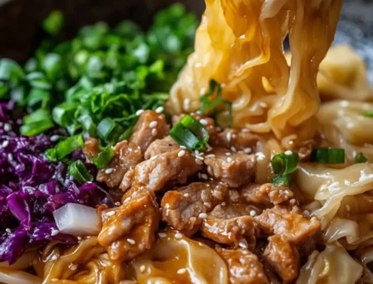 Delicious Potsticker Noodle Bowl featuring pork and fresh cabbage slaw