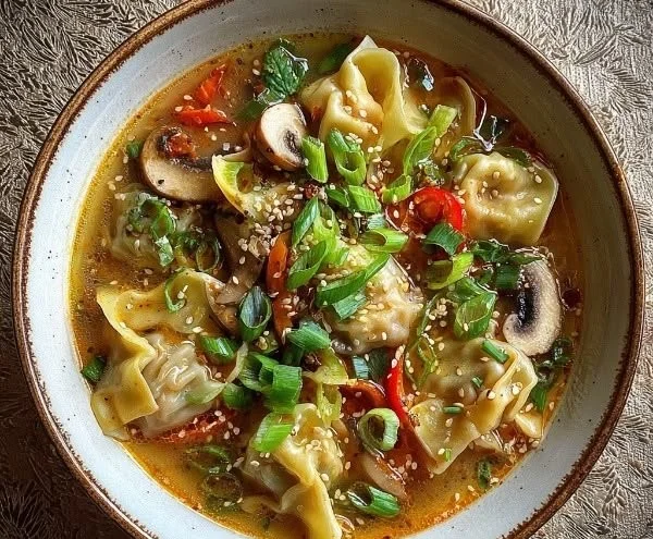 Bowl of delicious Potsticker Soup with dumplings and vegetables