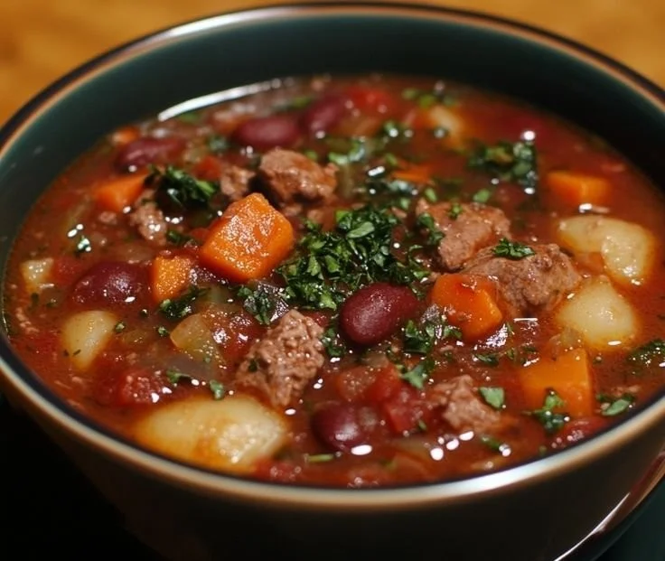 Delicious pressure cooker beef stew served in a bowl with fresh herbs.
