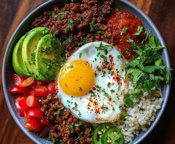 Healthy ground beef power bowls with vegetables and grains