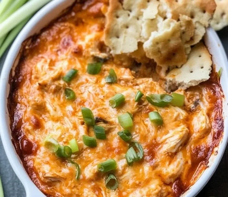 Delicious barbecue chicken dip served in a bowl with chips for dipping.
