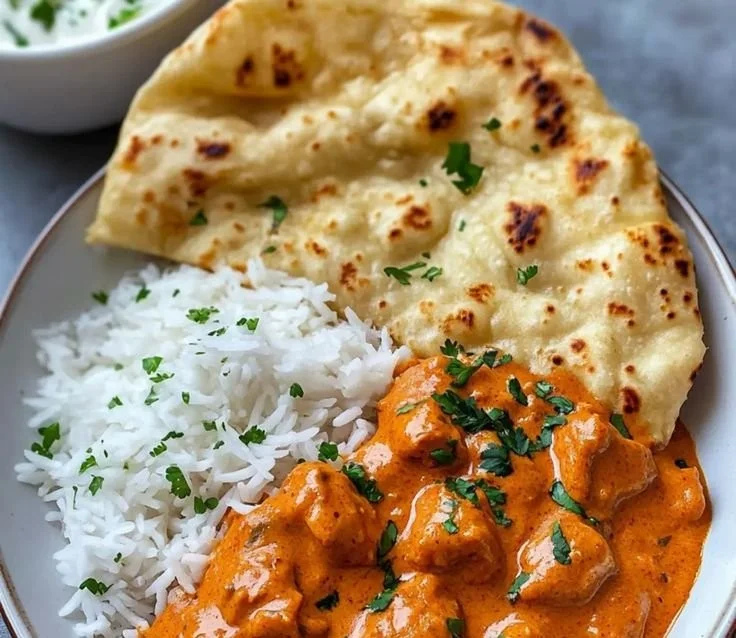 Homemade butter chicken dish served with rice and naan bread