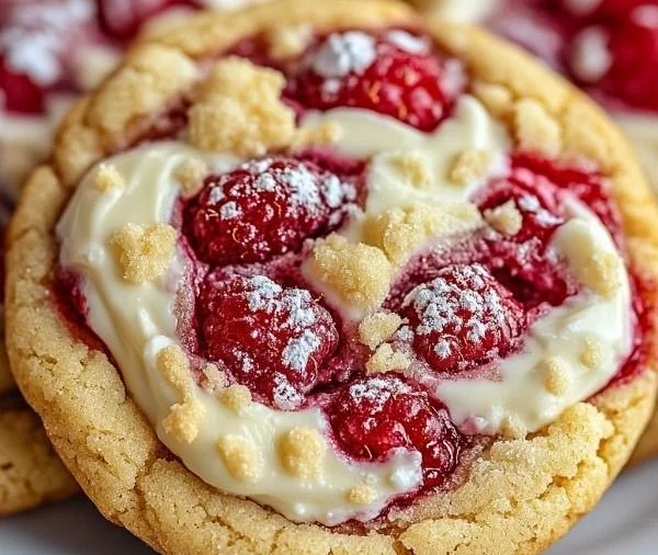 Raspberry Cheesecake Cookies with fresh raspberries and creamy cheesecake flavor