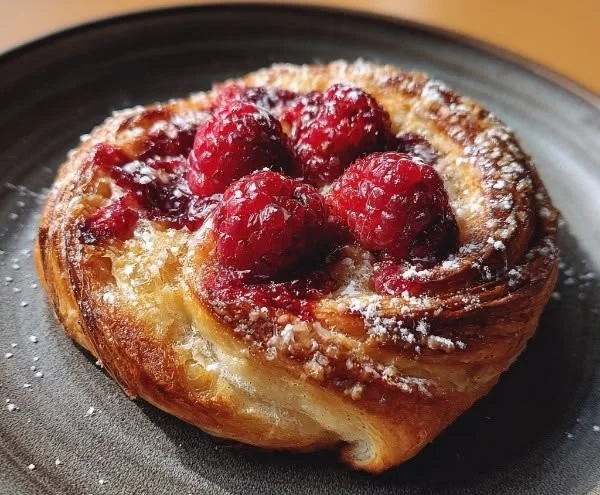 Delicious Raspberry Danish Bun topped with a sweet sugar glaze