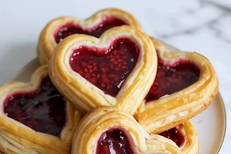 Delicious raspberry heart danishes on a rustic wooden table