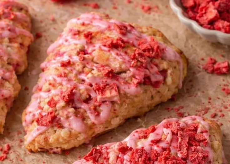 Freshly baked raspberry scones with berries on a rustic wooden table