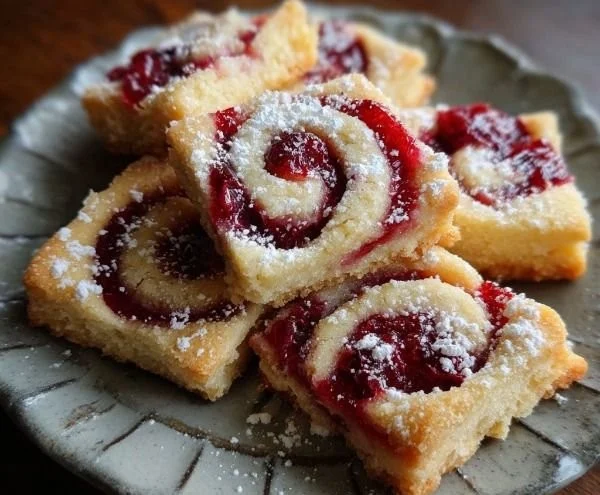 Raspberry Swirl Shortbread Cookies on a plate, garnished with fresh raspberries.