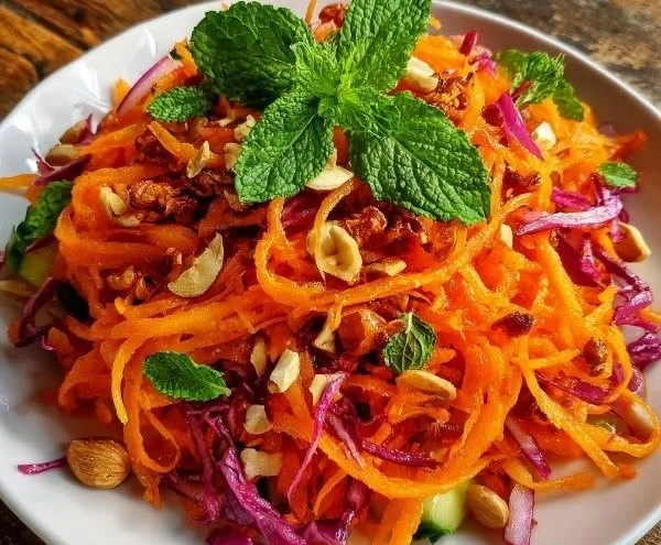 A vibrant and fresh raw carrot salad with colorful veggies and dressing