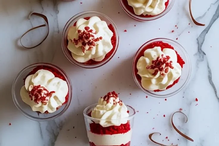 Red Velvet Dessert Cups with cream topping and decorative sprinkles