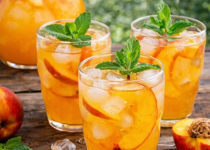Freshly prepared peach lemonade in a glass with lemon slices and mint leaves