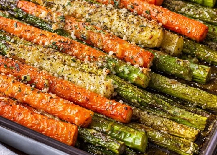 Delicious roasted asparagus and carrots displayed on a serving plate.