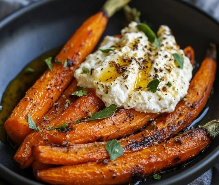 Delicious roasted carrots with whipped ricotta and hot honey topping