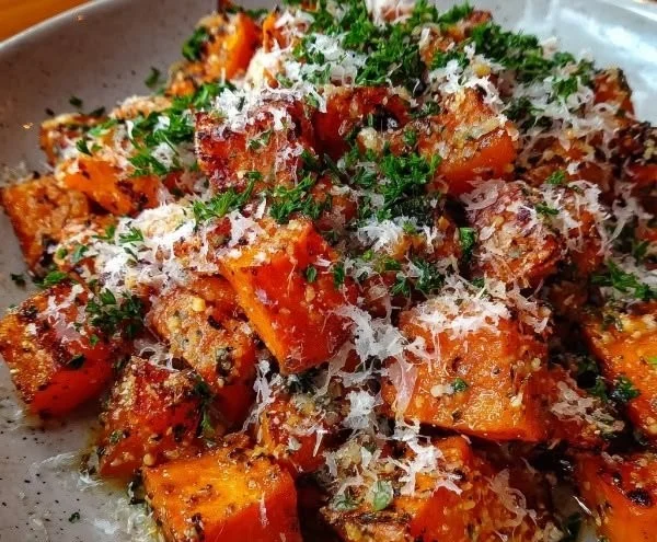 Roasted sweet potatoes with garlic and parmesan served in a bowl