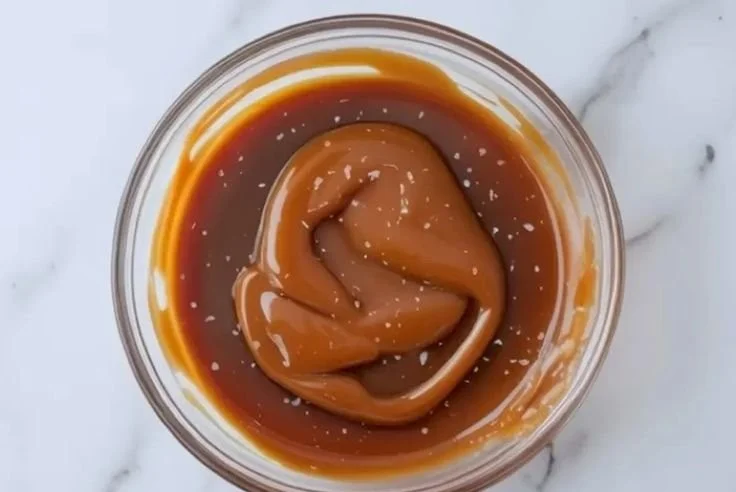 Delicious salted caramel cake filling spread on a slice of caramel cake