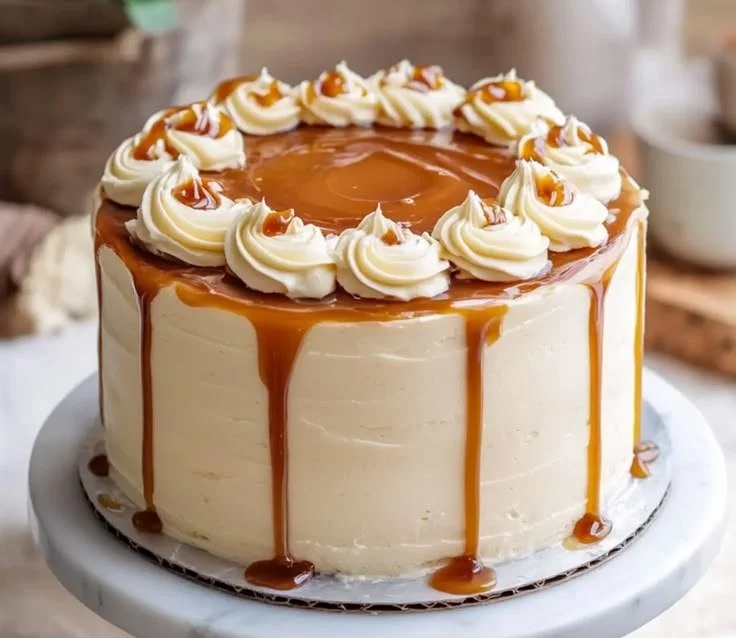 Delicious salted caramel cake topped with homemade buttercream frosting