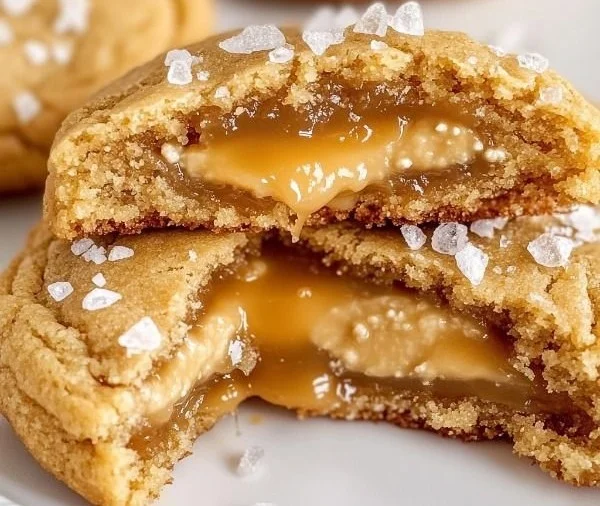 Delicious salted caramel cheesecake cookies topped with drizzled caramel
