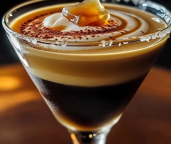 Delicious Salted Caramel Espresso Martini cocktail on a bar top