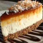 Delicious Samoa cheesecake topped with chocolate, coconut, and caramel drizzle.