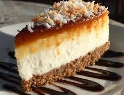 Delicious Samoa cheesecake topped with chocolate, coconut, and caramel drizzle.