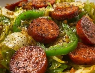 Sausage and cabbage stir fry served in a bowl with colorful vegetables