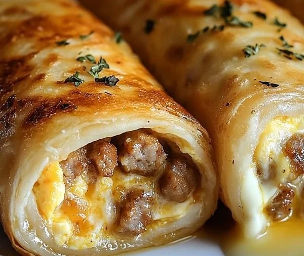 Sausage egg and cheese breakfast roll-ups on a plate