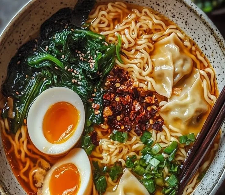 Savory dumpling ramen bowl with vibrant toppings and steaming broth.