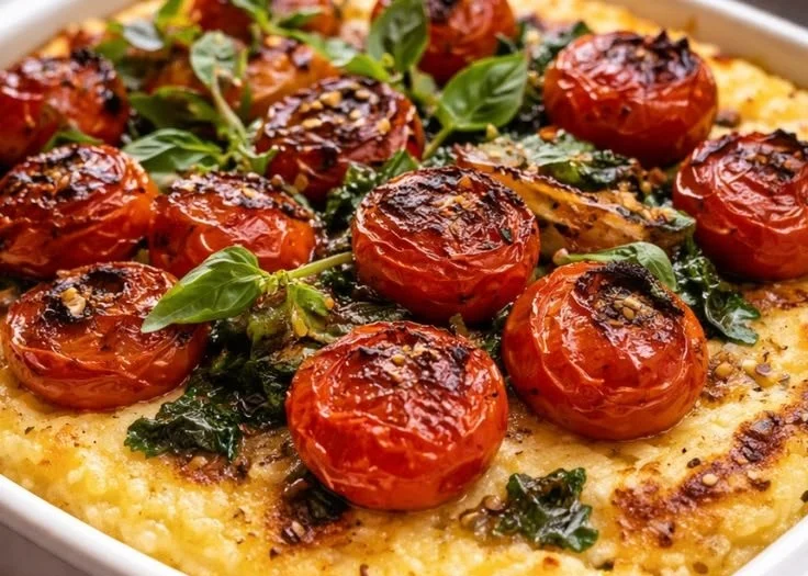 Savory herbed polenta and roasted tomato bake served in a dish