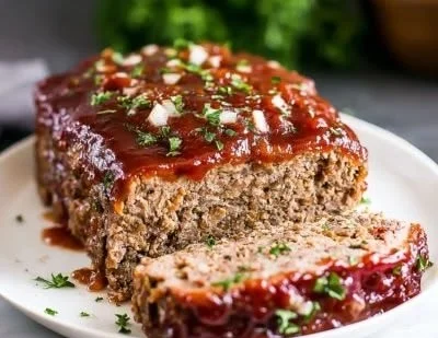Savory pepper jelly meatloaf served with vegetables and sauce.
