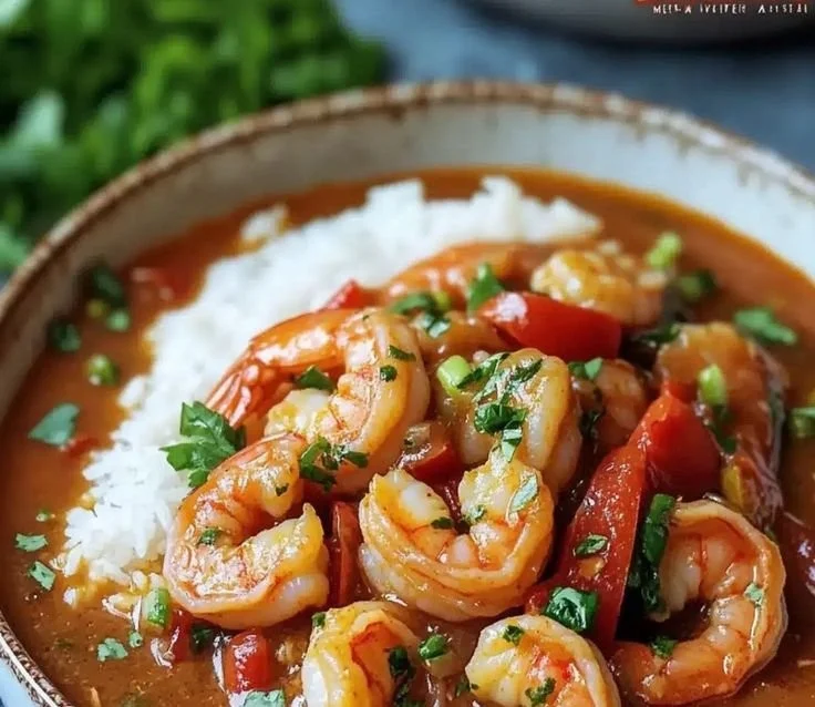 Delicious bowl of shrimp étouffée garnished with green onions and served with rice.