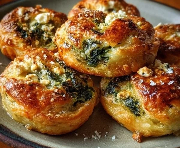 Savory spinach feta puffs with a crispy golden crust on a plate.