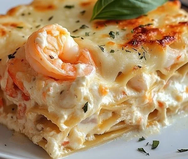 Delicious seafood lasagna with layers of fresh seafood and creamy cheese