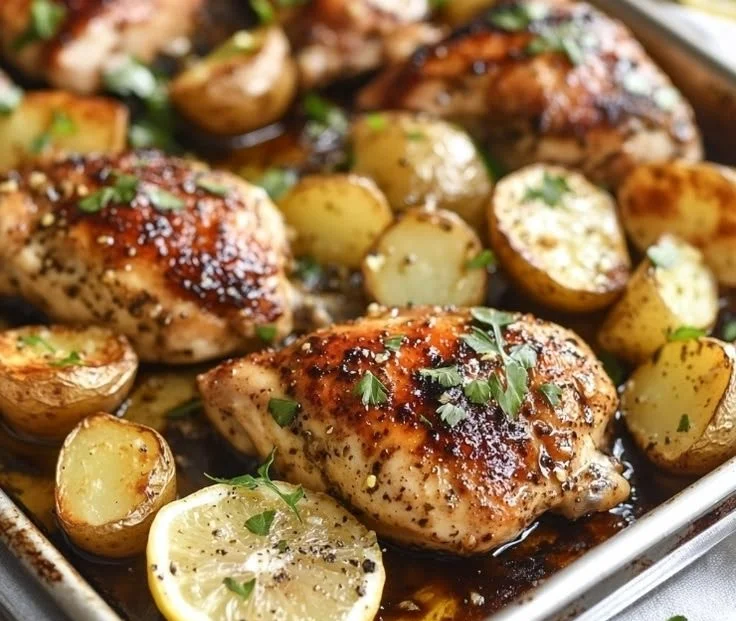 Sheet Pan Balsamic Chicken with roasted potatoes and carrots on a baking sheet.