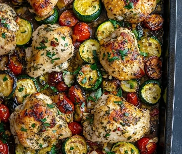 Sheet pan chicken with zucchini, tomatoes, and basil ready to be served.