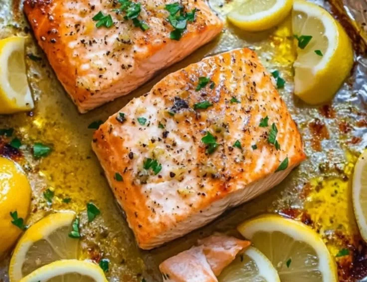 Sheet pan lemon garlic butter salmon with herbs and vegetables