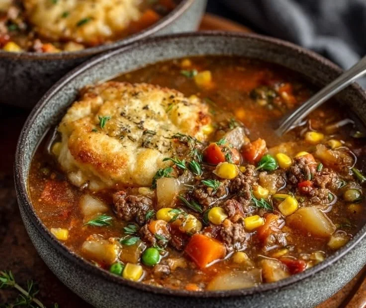 Bowl of Shepherd's Pie Soup with ingredients and fresh herbs