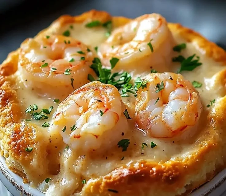Shrimp and Lobster Cheddar Bay Biscuit Pot Pie served in a rustic dish