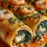 Shrimp and spinach stuffed pasta rolls with roasted red pepper cream sauce