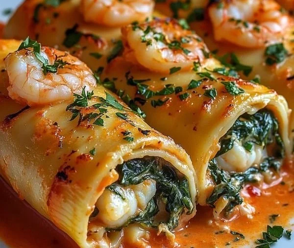 Shrimp and spinach stuffed pasta rolls with roasted red pepper cream sauce