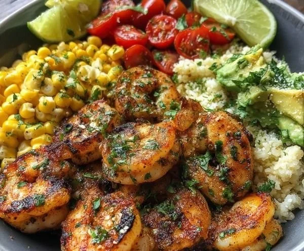 Delicious shrimp bowl garnished with cilantro and lime slices