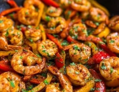 Plate of shrimp fajitas seasoned with lime and Cajun spices