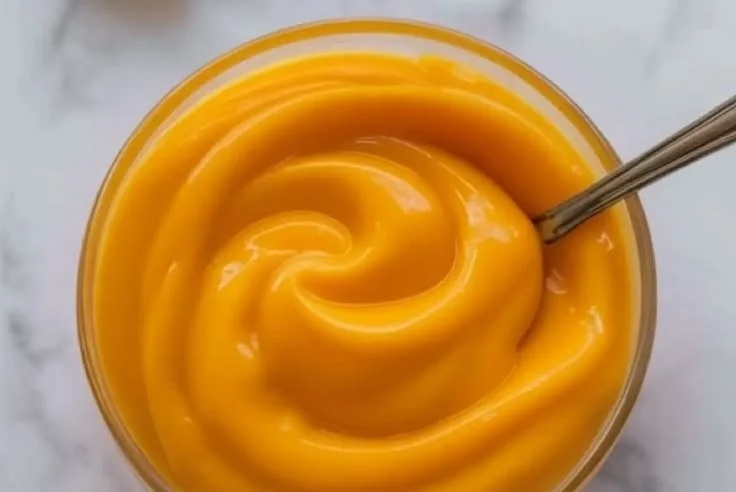 A bowl of silky orange curd with a spoon, showcasing its vibrant color and smooth texture.