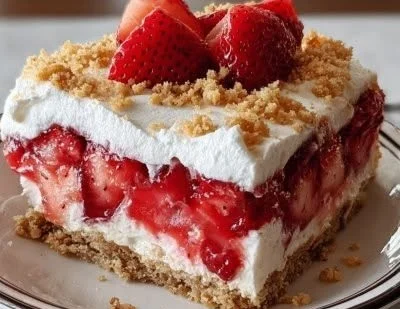 No bake strawberry cheesecake lasagna dessert with fresh strawberries