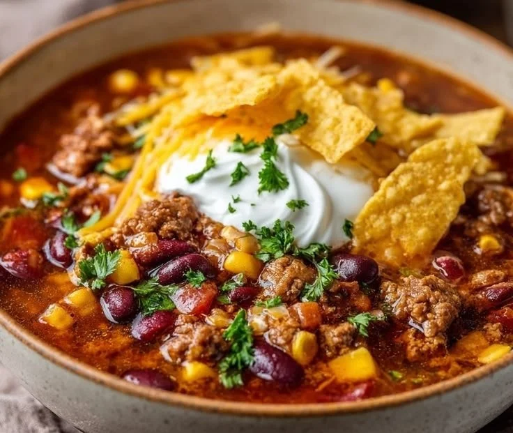 Bowls of delicious simple taco soup cooked in a pressure cooker