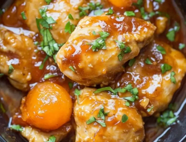 Delicious slow cooker apricot chicken served with rice and vegetables