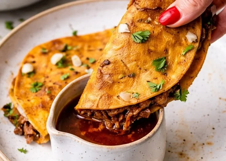 Delicious slow cooker birria tacos with savory broth