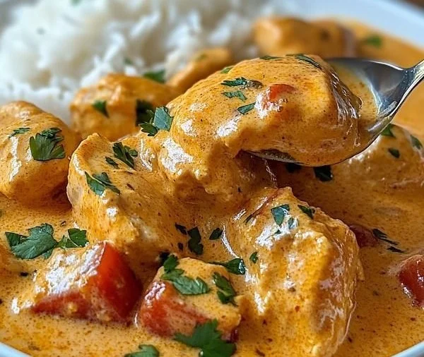 Delicious slow cooker butter chicken served with rice and naan
